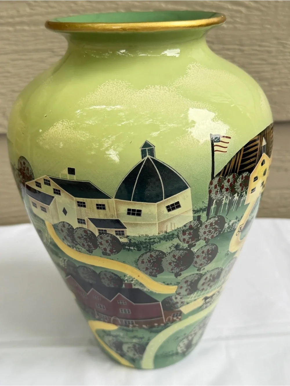 American Folk Art Pottery Vase  11” Rustic Country Farm Green Glossy Horse Flag